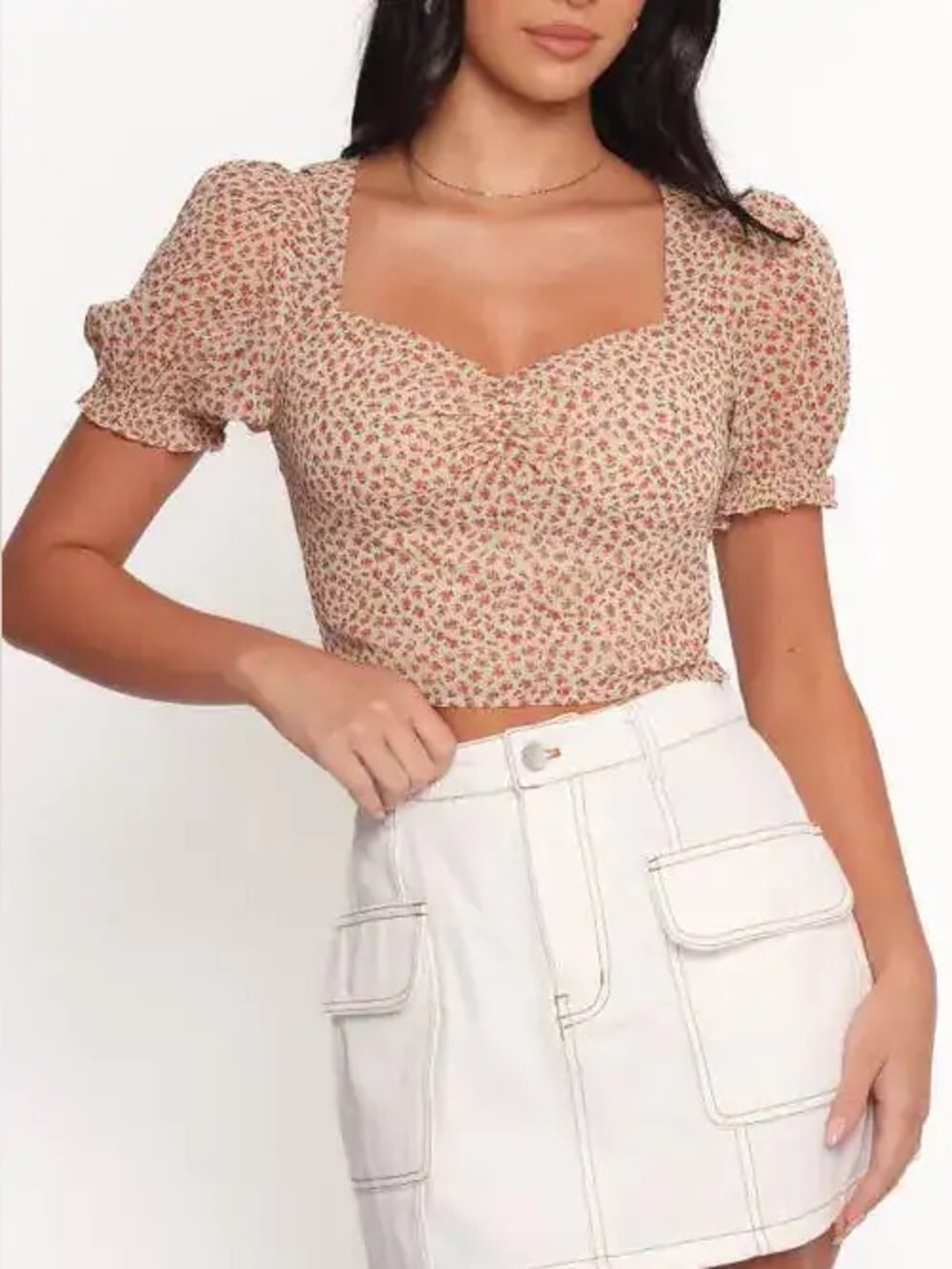 Petal & Pup Cream Crop Top with Peach Floral Print Size L NWT